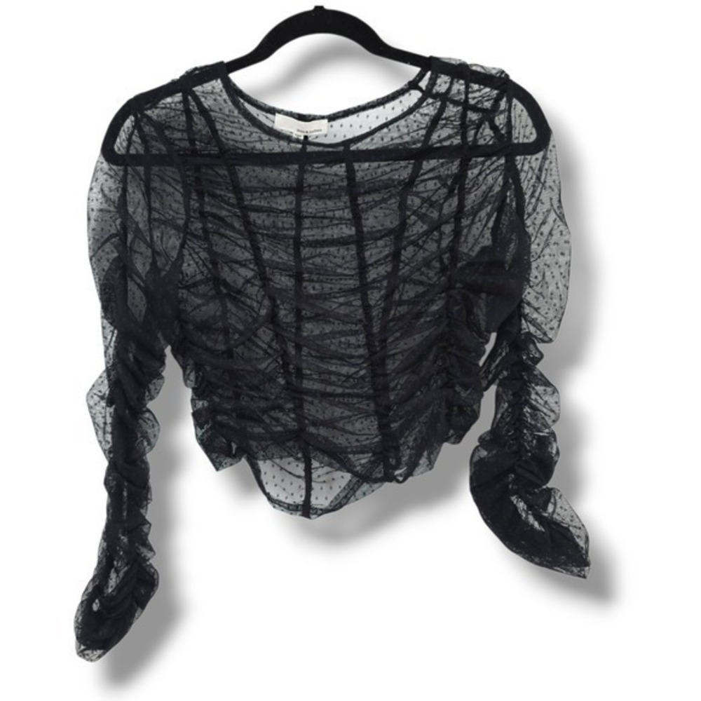 June & Hudson‎ Mesh Top Ruched Long Sleeve Polka Dot Blouse Black Size 1